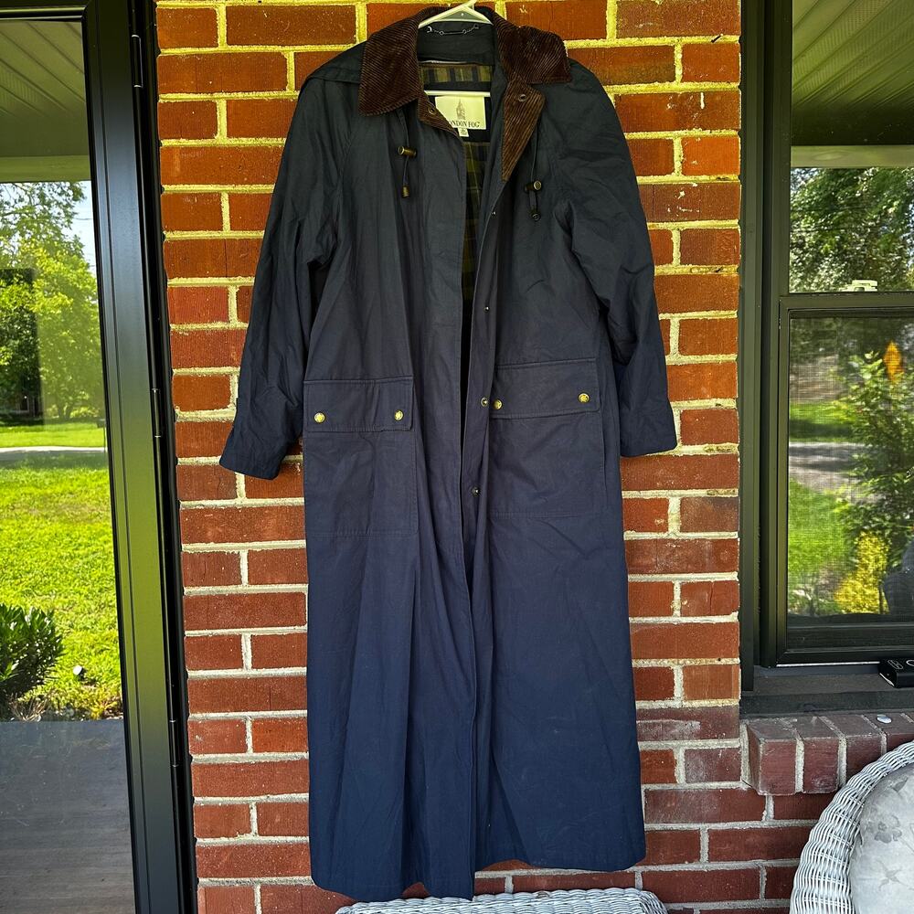 London Fog Long Navy Trench Coat Corduroy Collar Plaid Lined Vintage